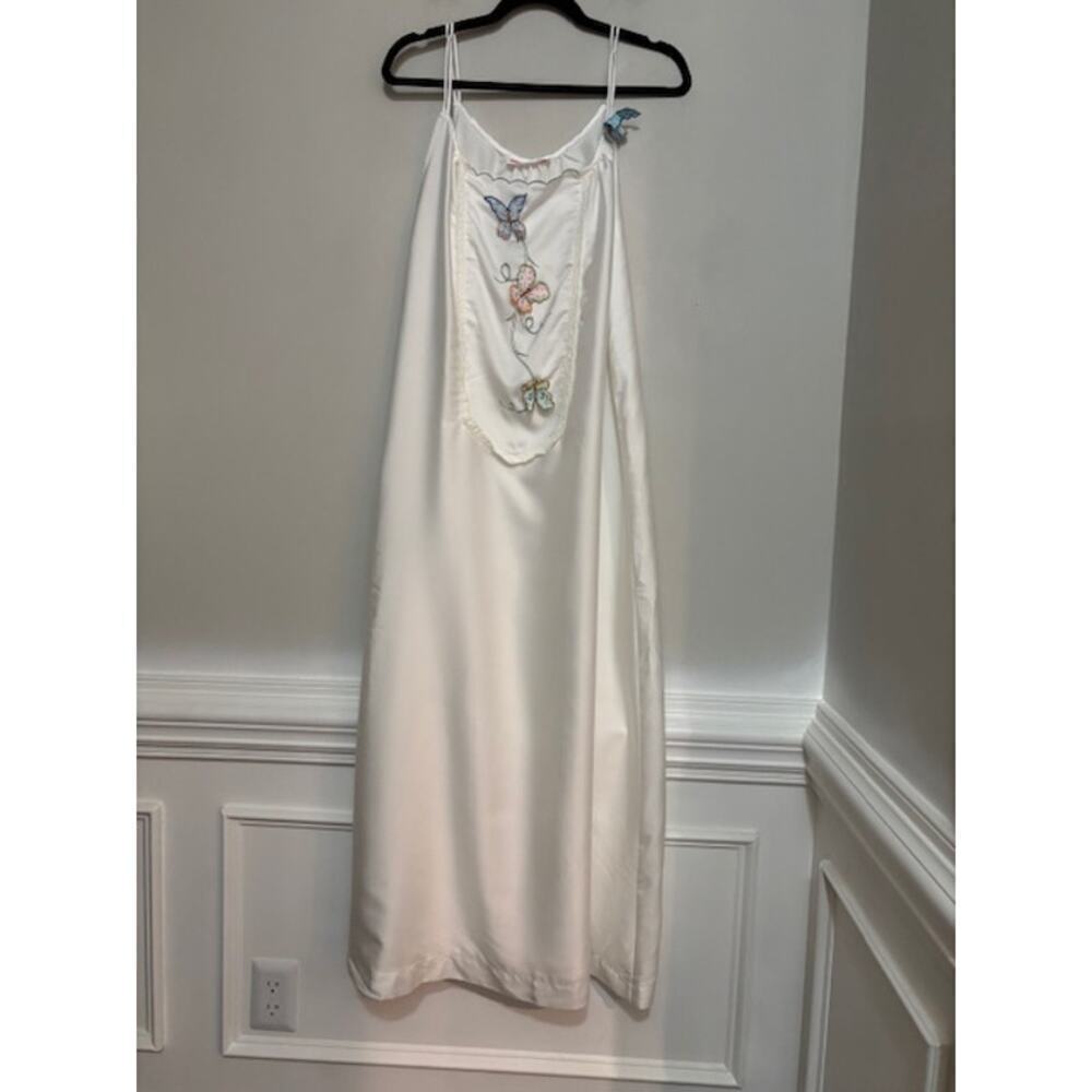 Vtg Odette Barsa Lingerie Nightgown Embroidered Butterfly Silky White Long RARE